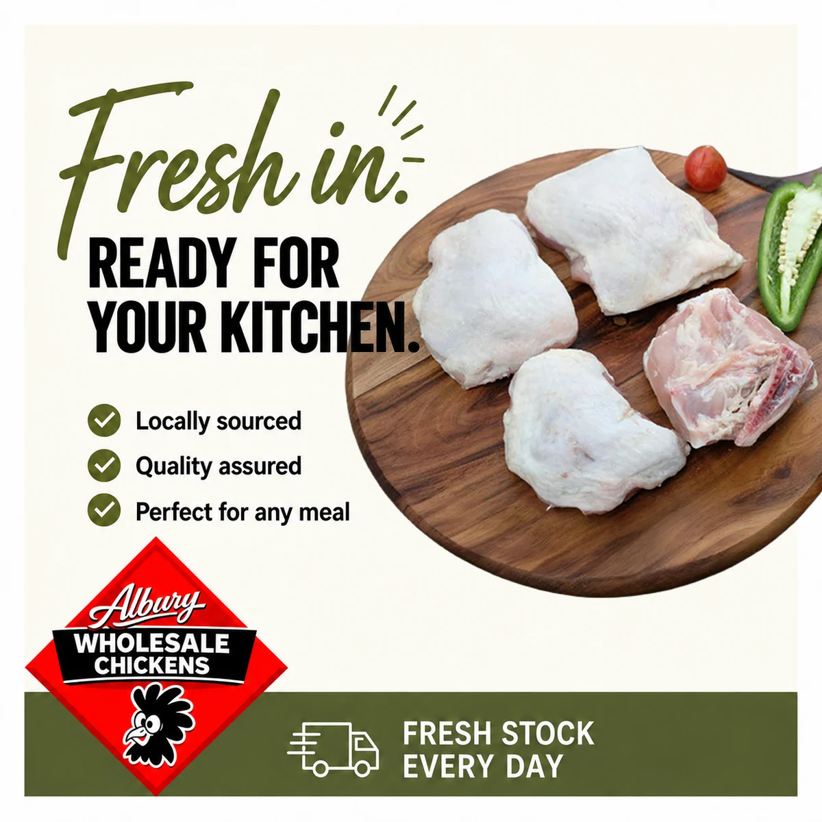 Fresh in — locally sourced chicken ready for your kitchen