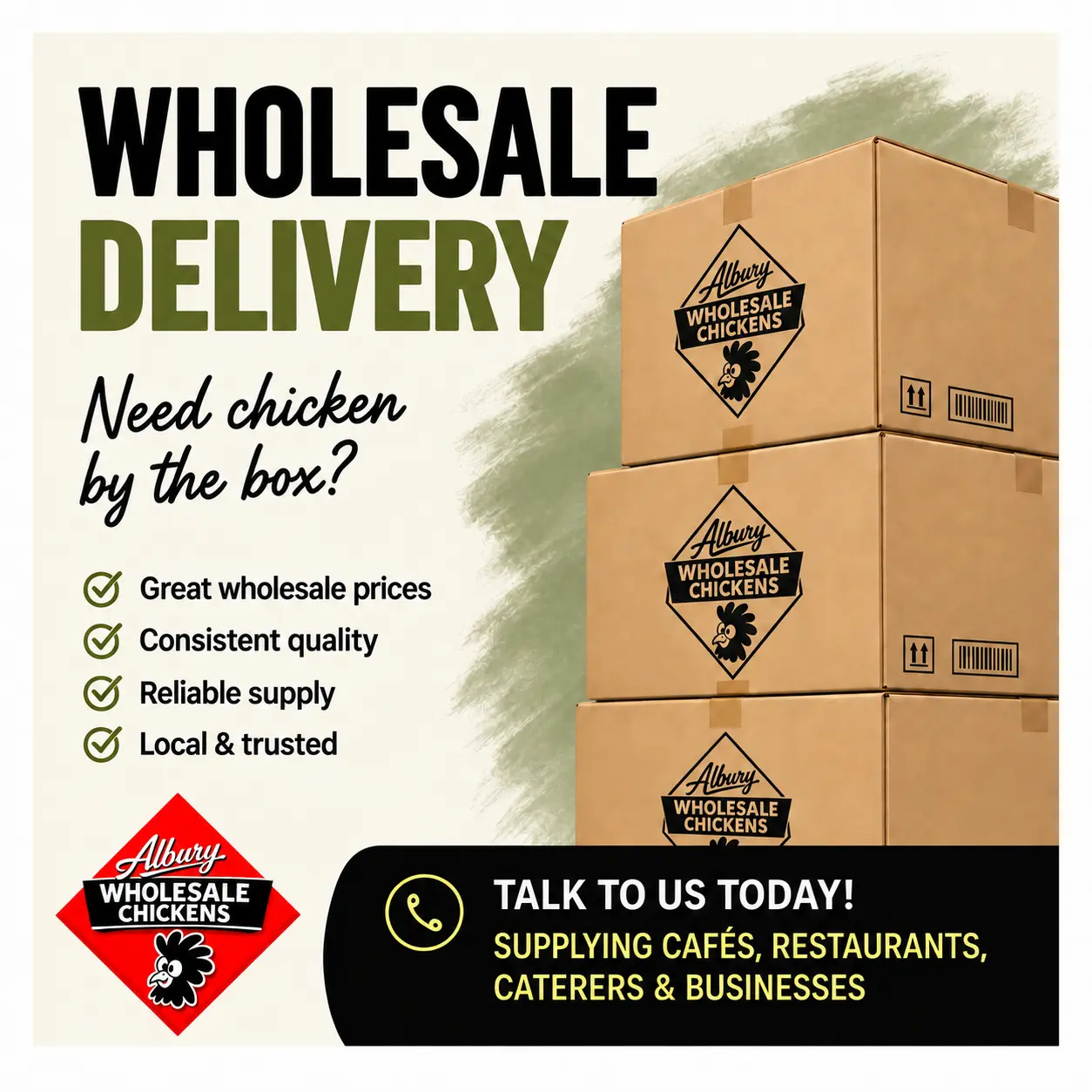 Wholesale delivery — chicken by the box for cafés, restaurants, caterers and businesses